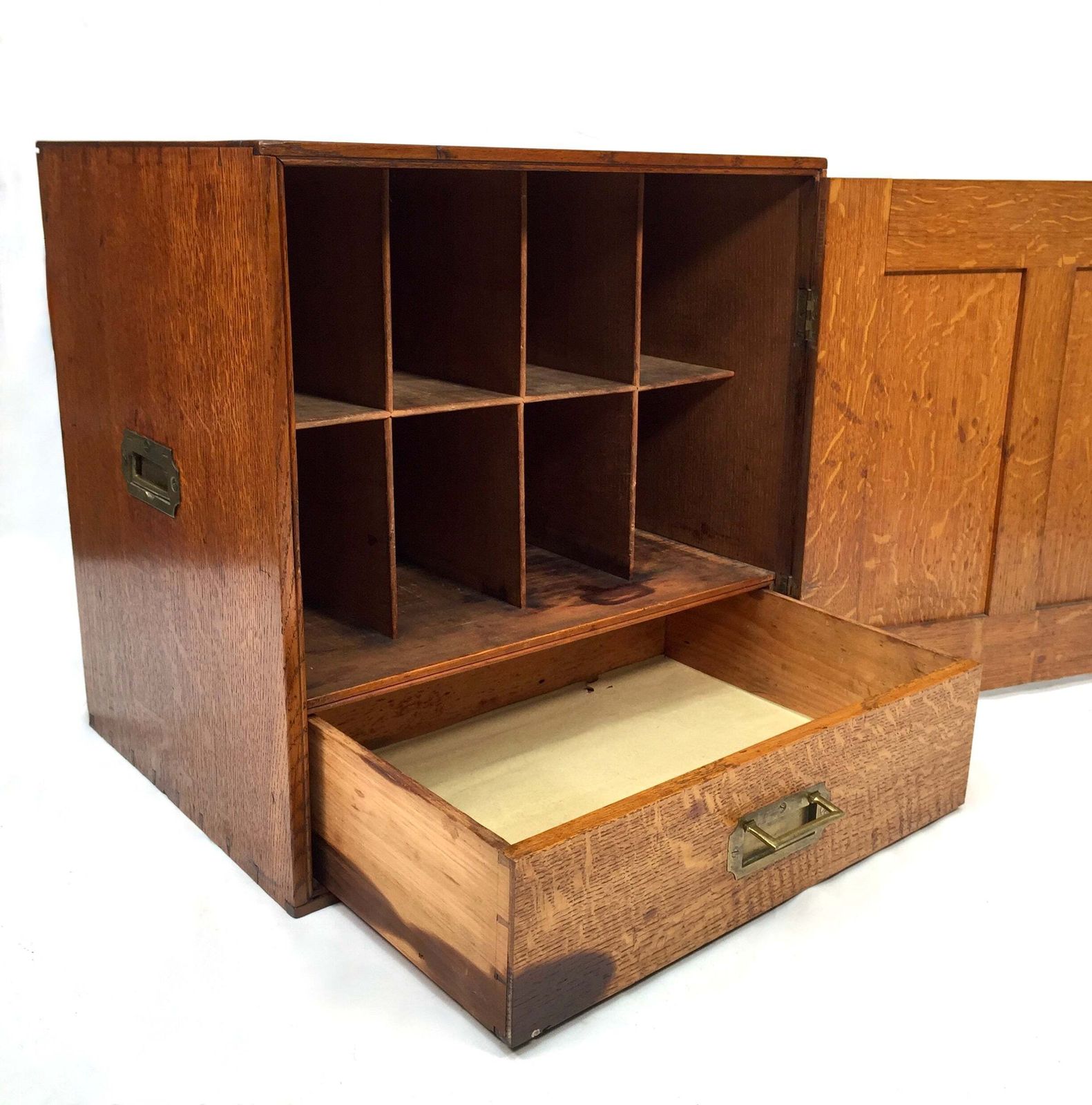 Antique Large Oak Desktop Wooden Stationery Cabinet Storage Box With Key C.1920