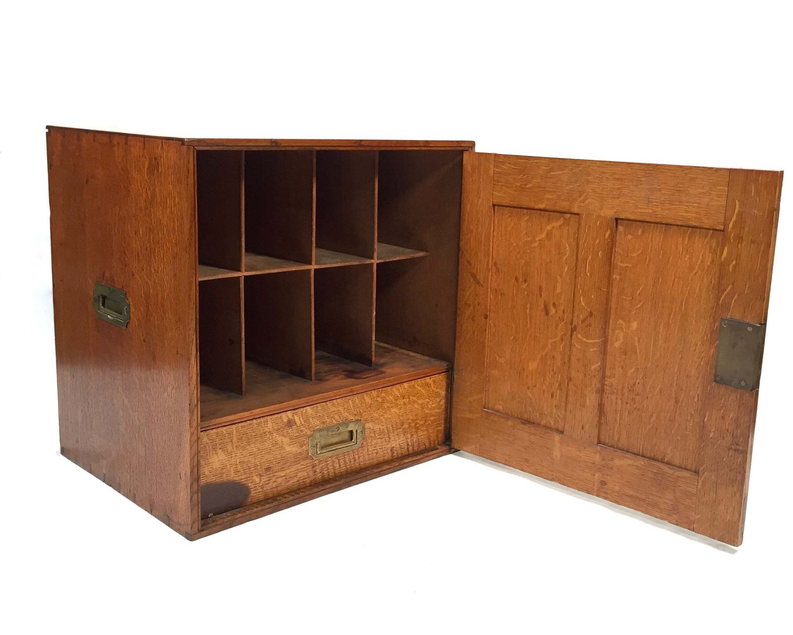 Antique Large Oak Desktop Wooden Stationery Cabinet Storage Box With Key C.1920 photo vinterior