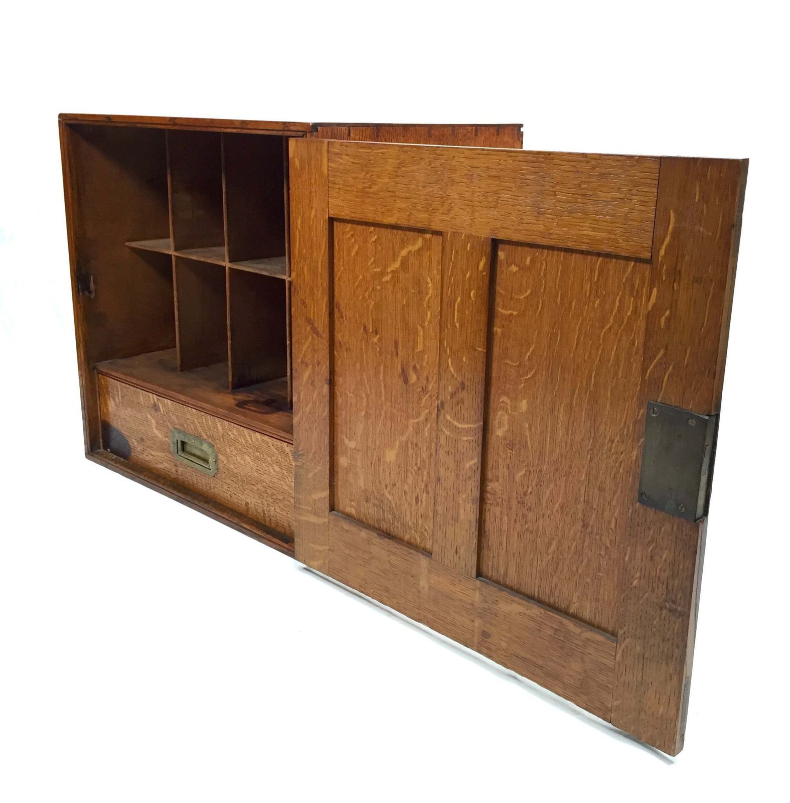 photo furniture Antique Large Oak Desktop Wooden Stationery Cabinet Storage Box With Key C.1920