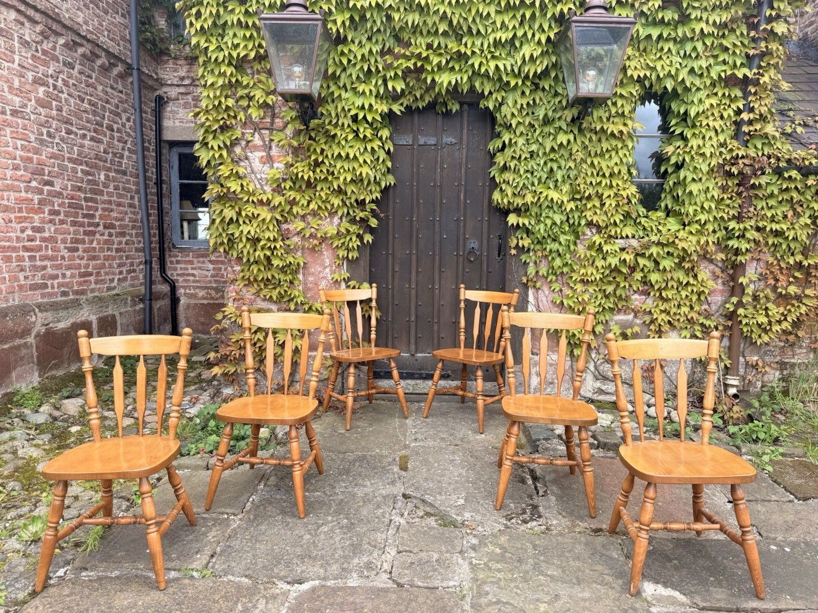 Rustic Farmhouse Country Cottage Roman Spindle Back Kitchen Dining Chairs Set 6