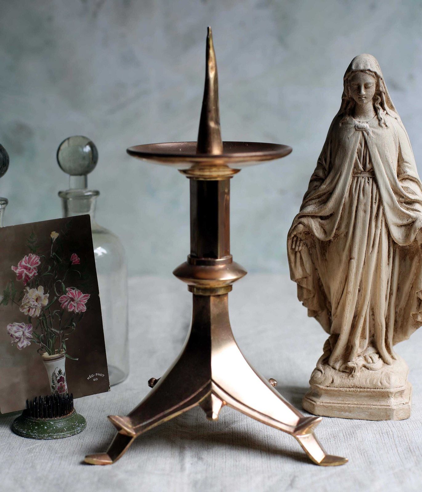 Antique French Alter Candlestick Bronze Gothic Church Candleholder Candlestick photo furniture