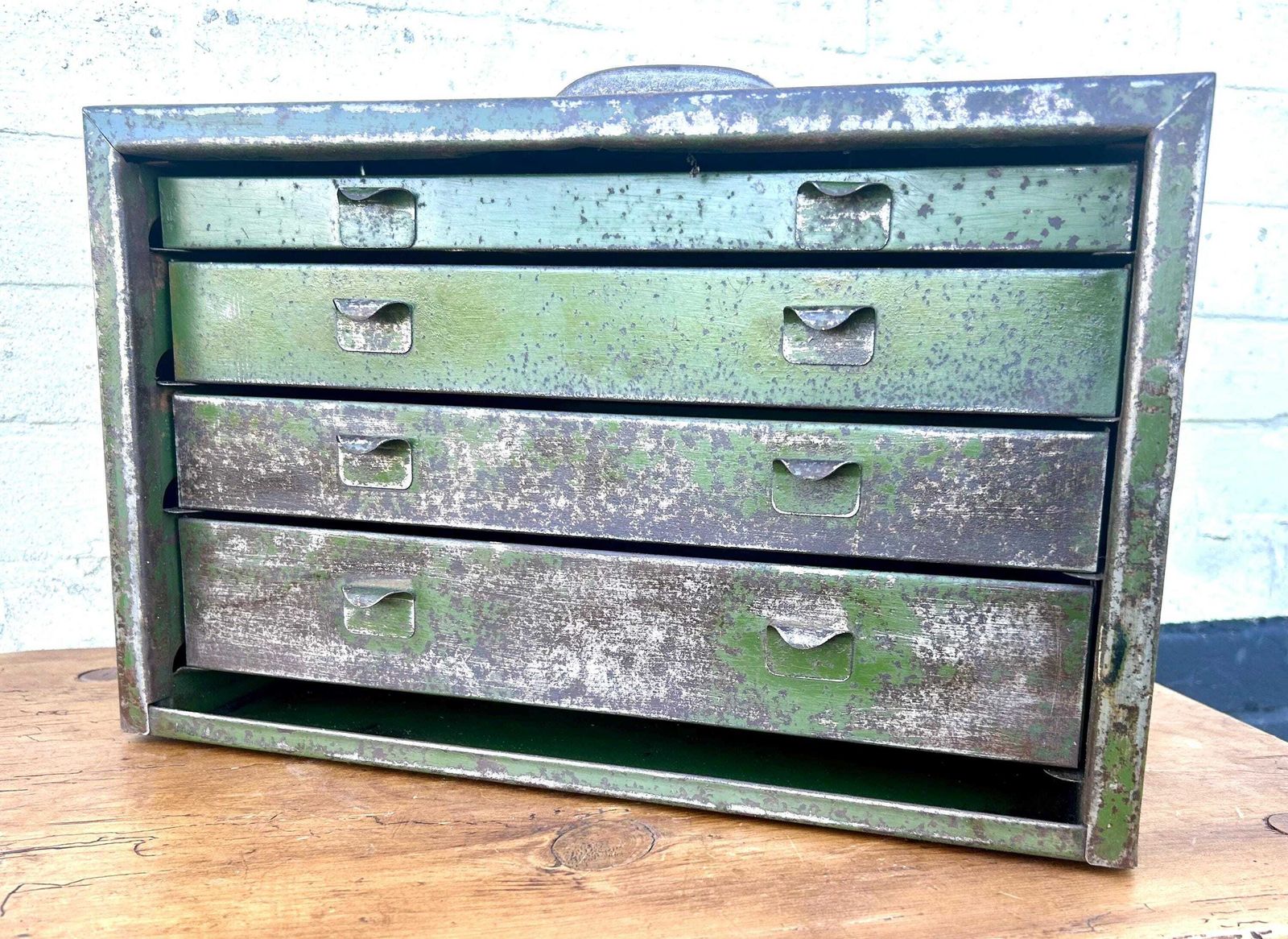 Metal Green Four Drawers Engineers Tool Cabinet Industrial Antique Vintage Storage Chest Cupboard Carpenters Box photo for sale