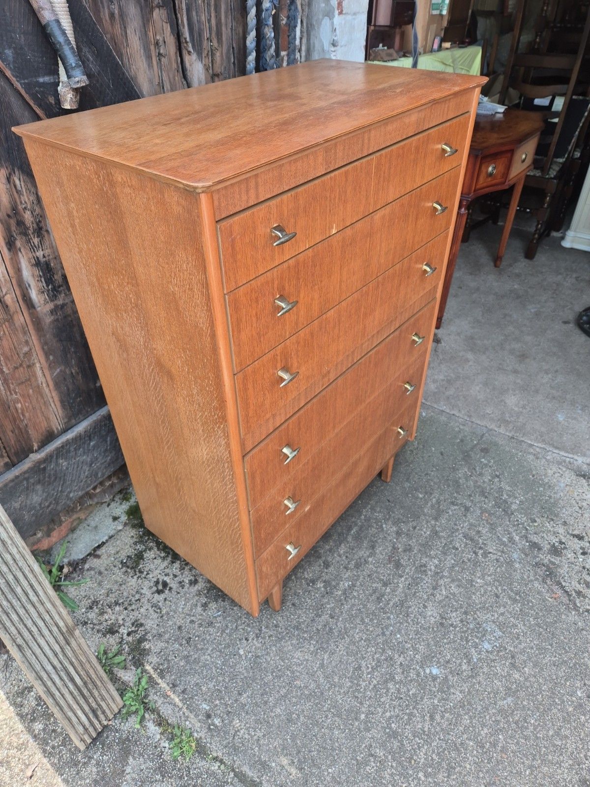 Vintage Retro Midcentury Light Oak Tallboy Chest Of 6 Drawers By Lebus photo for sale
