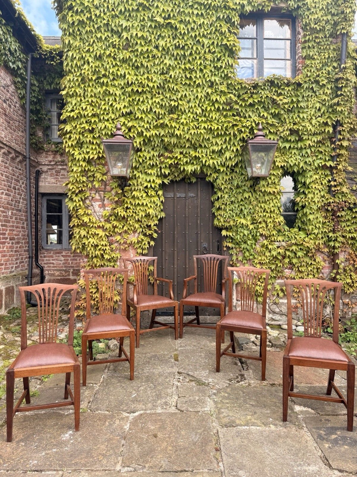 Set 8 Antique Mahogany Arts & Crafts Drop In Slat Back Kitchen Dining Chairs