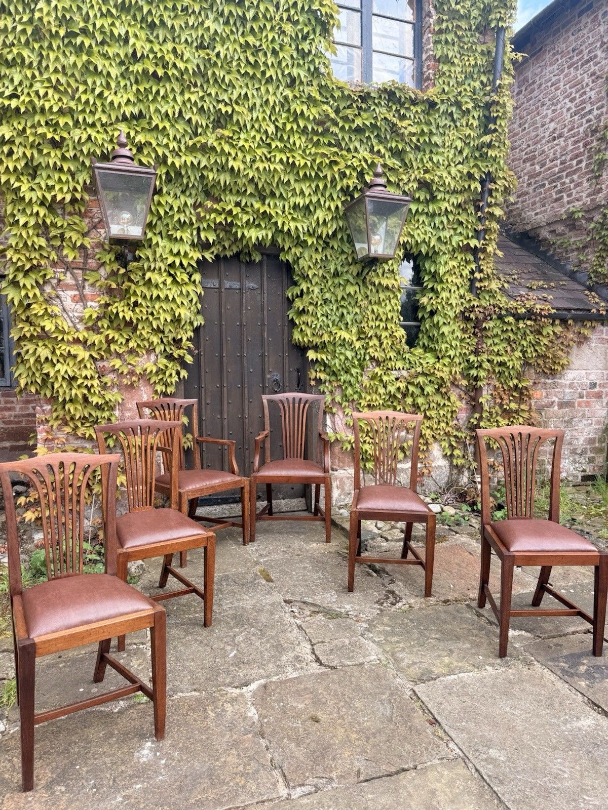 Set 8 Antique Mahogany Arts & Crafts Drop In Slat Back Kitchen Dining Chairs photo furniture