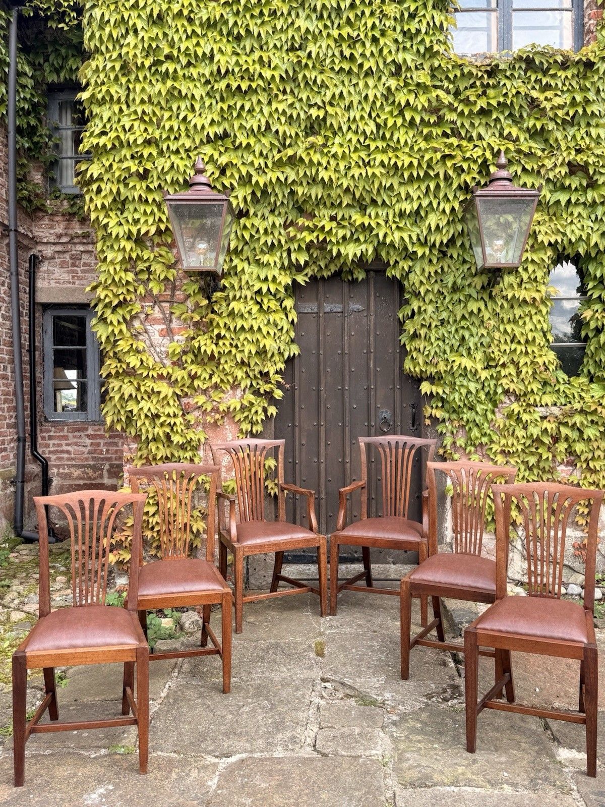 Set 8 Antique Mahogany Arts & Crafts Drop In Slat Back Kitchen Dining Chairs photo vinterior