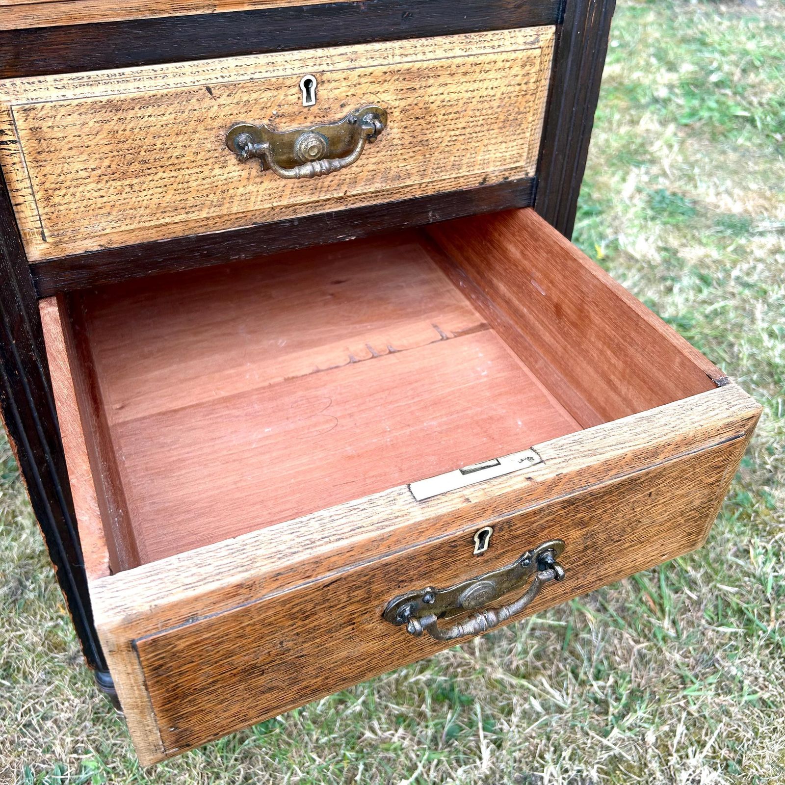 Furniture Victorian Aesthetic Movement Antique Oak Desk Cabinet Vintage Storage Arts And Crafts Office Leather Wooden Table Crocodile Leather photo