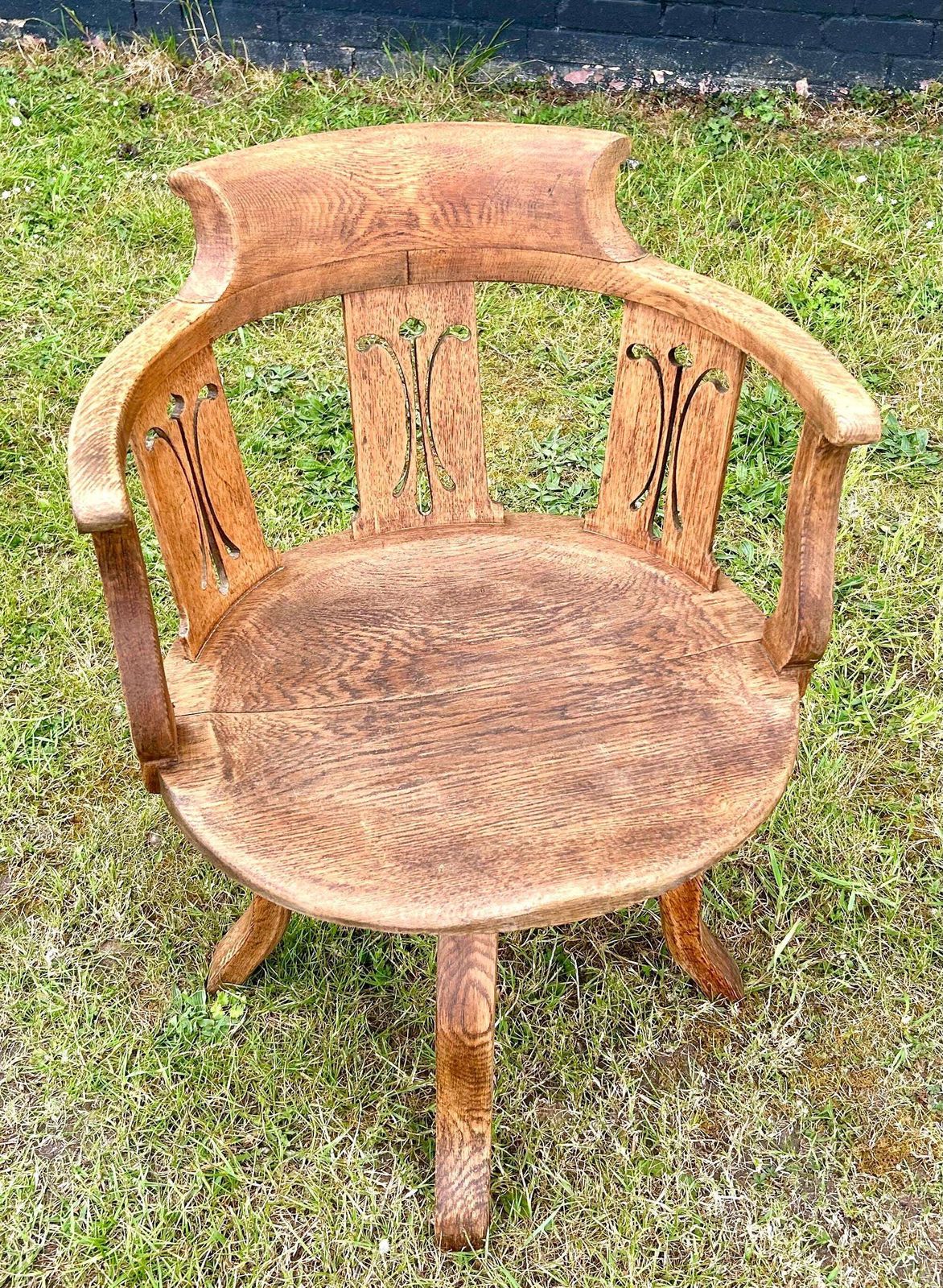 Art Nouveau Edwardian Oak Captains Swivel Chair Wooden Desk Office Antique Vintage Industrial Seating Kitchen Retro Armchair photo for sale