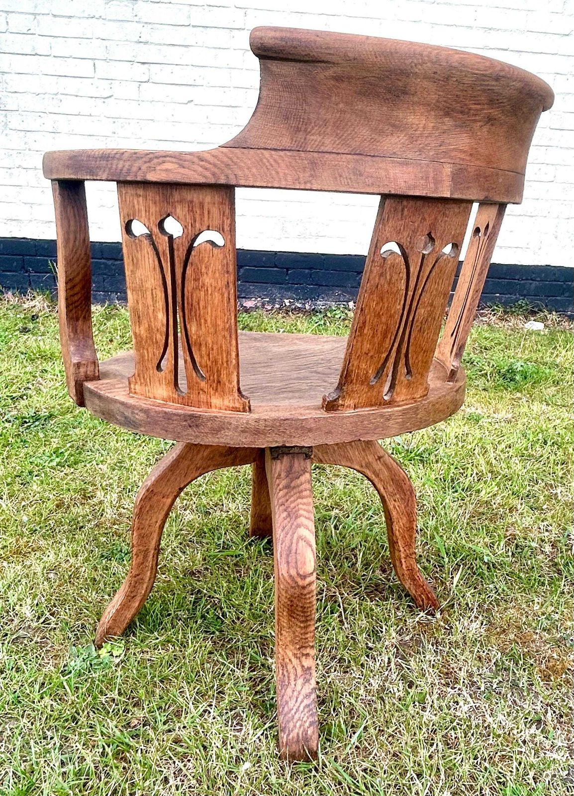 Art Nouveau Edwardian Oak Captains Swivel Chair Wooden Desk Office Antique Vintage Industrial Seating Kitchen Retro Armchair photo vinterior