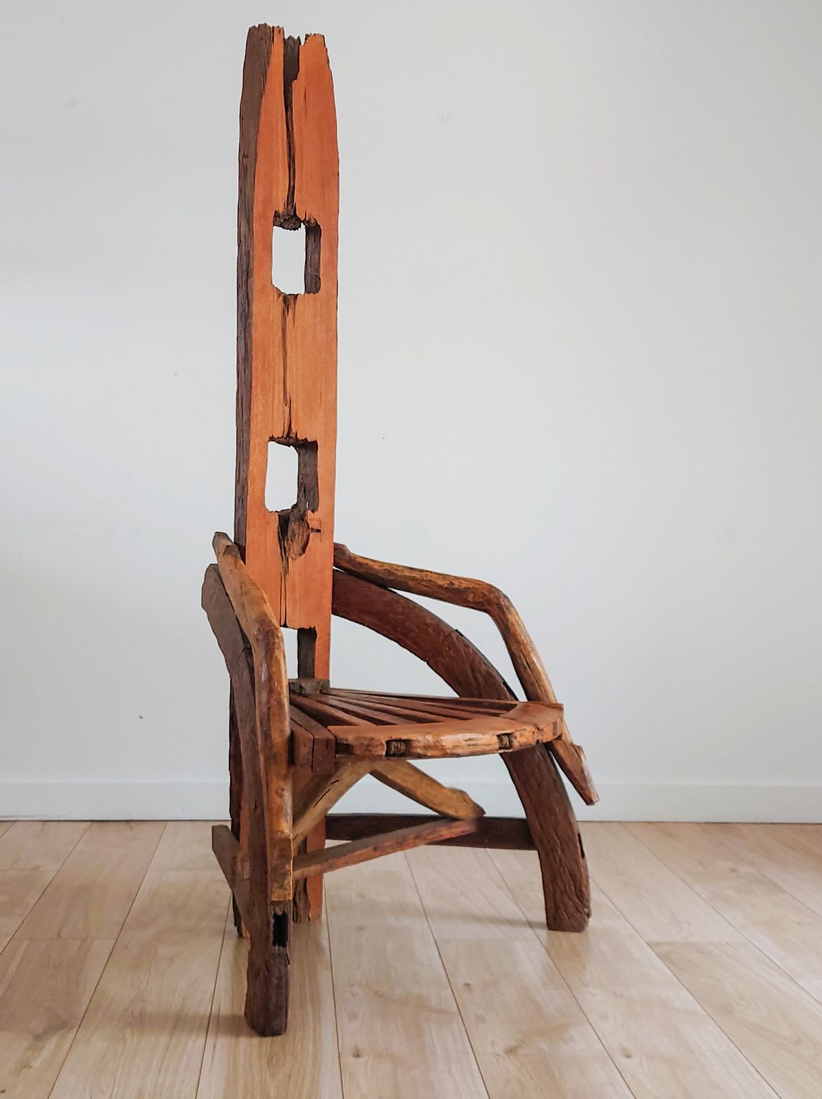 Antique Sculptural Olive Wood & Walnut Throne Chair French Folk Art
