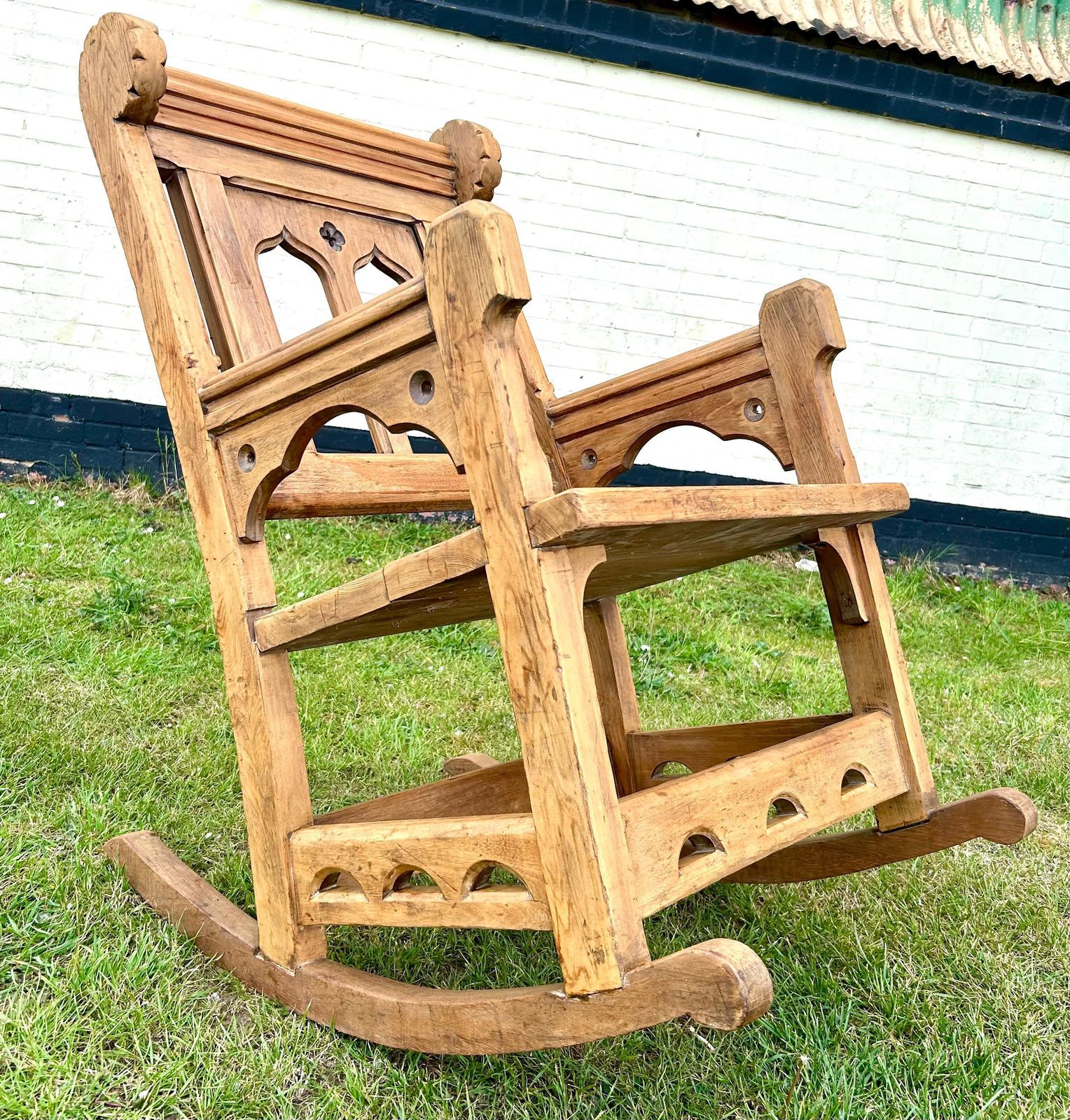 Gothic Pine Rocking Chair Monk Lambing Pew Bench Church Wooden Hall Vintage Antique Industrial Seating Settle Victorian Porch