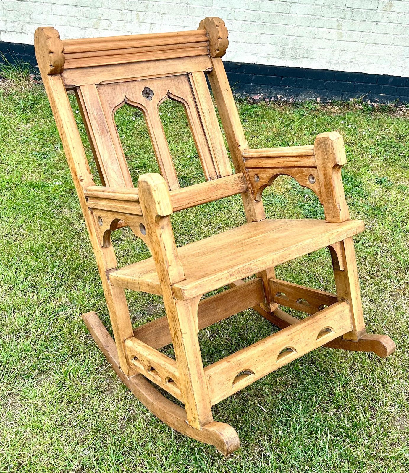Gothic Pine Rocking Chair Monk Lambing Pew Bench Church Wooden Hall Vintage Antique Industrial Seating Settle Victorian Porch photo furniture