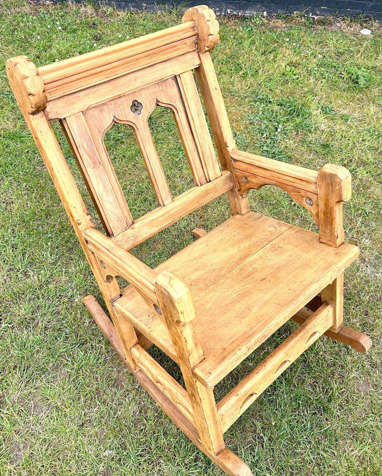 275.0 Gothic Pine Rocking Chair Monk Lambing Pew Bench Church Wooden Hall Vintage Antique Industrial Seating Settle Victorian Porch photo