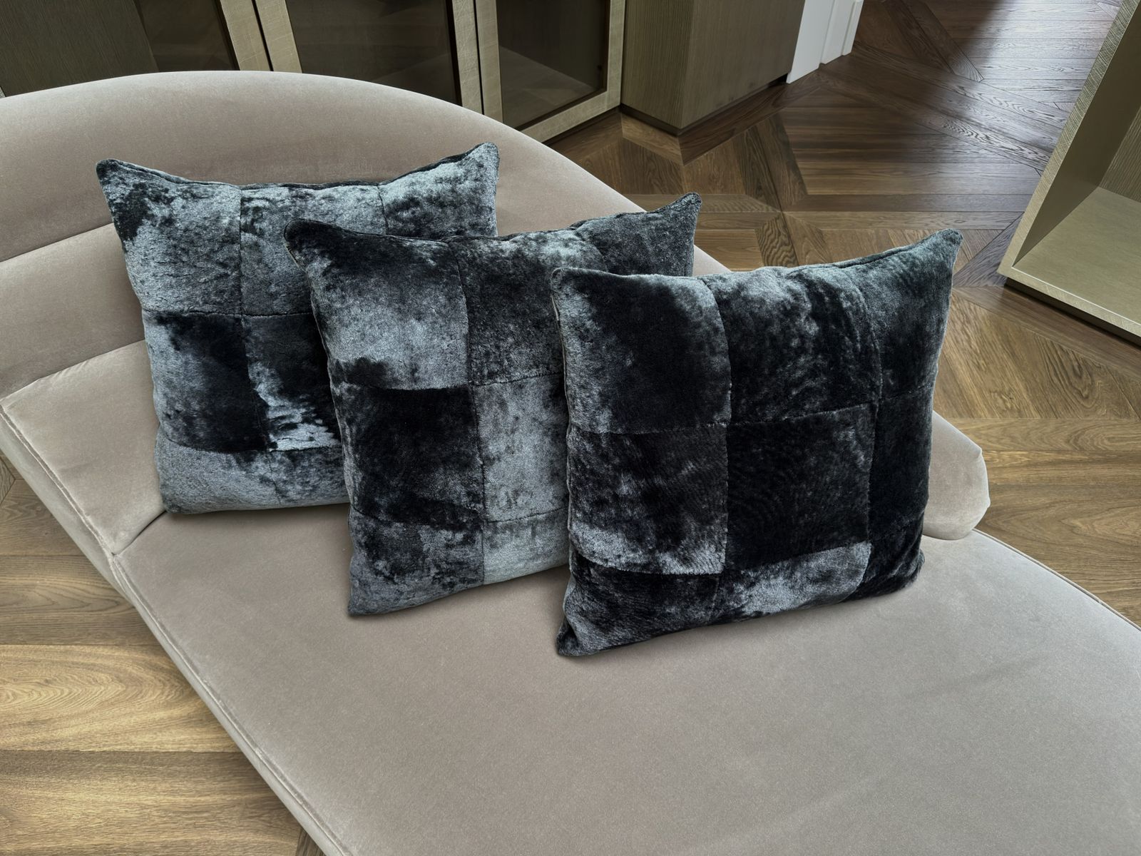 Set Of 3 Black Shearling Cushions By Alma London, Spain, 2010 photo for sale