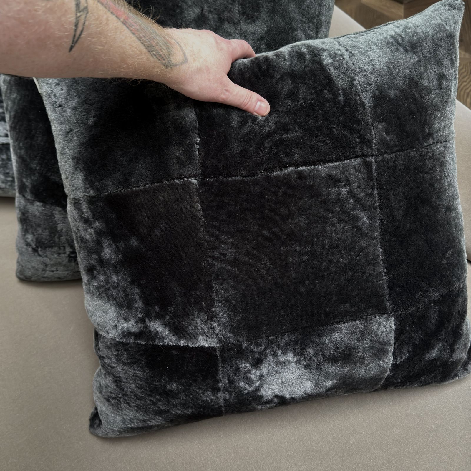 Set Of 3 Black Shearling Cushions By Alma London, Spain, 2010 photo Textiles