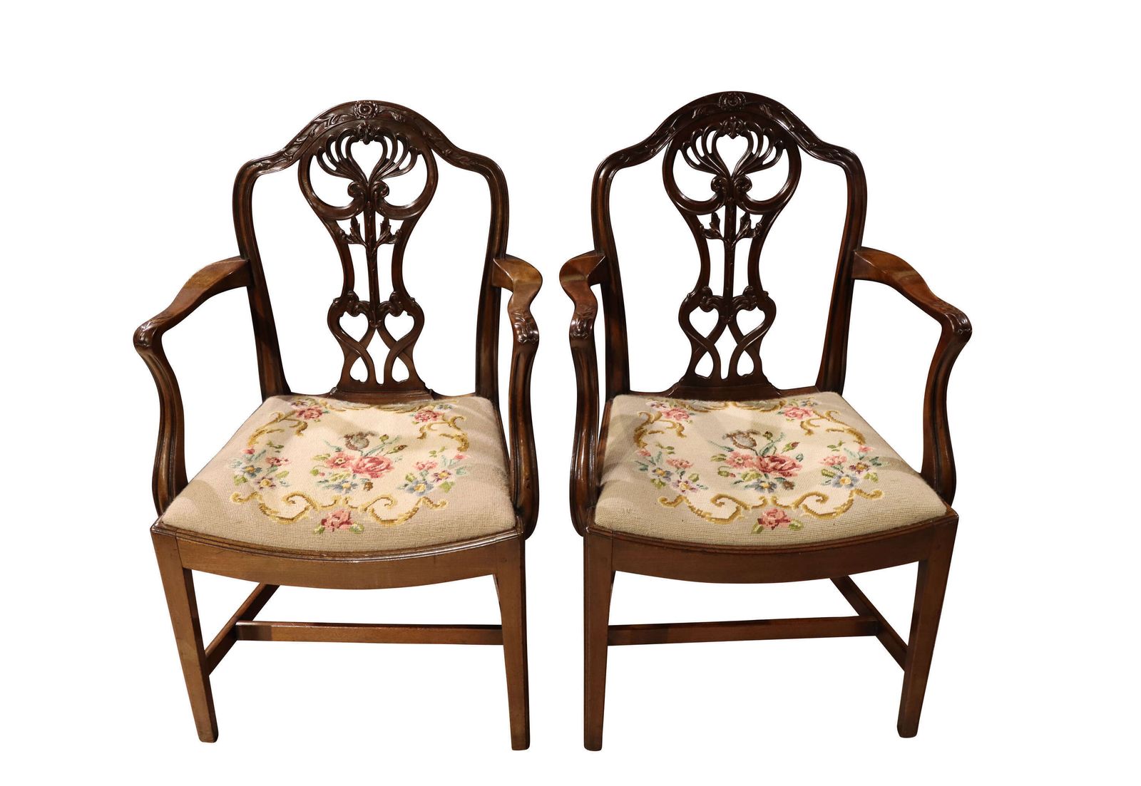 Pair Of Edwardian Mahogany Chippendale Revival Open Armchairs / Elbow Chairs photo for sale