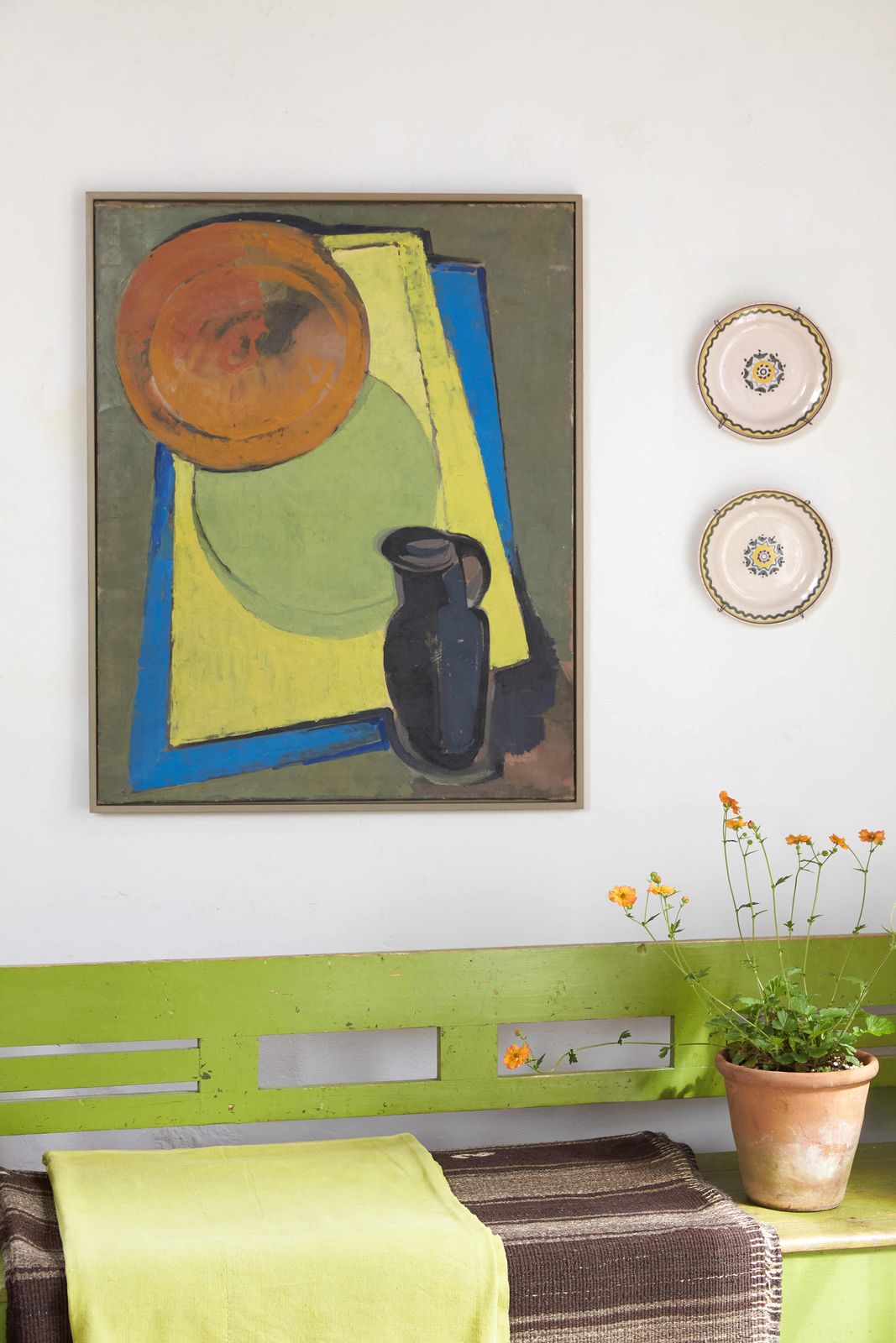 Still Life Painting With A Black Jug In Acrylic On Canvas, Anon