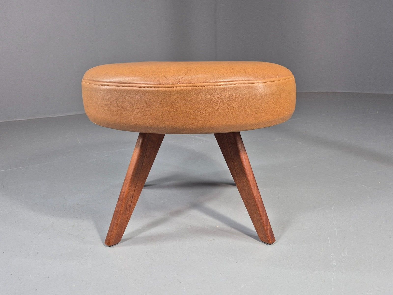 Vintage Mid Century Foot Stool Brown Vinyl Danish Teak Round Retro Mcm Eb12022 photo for sale