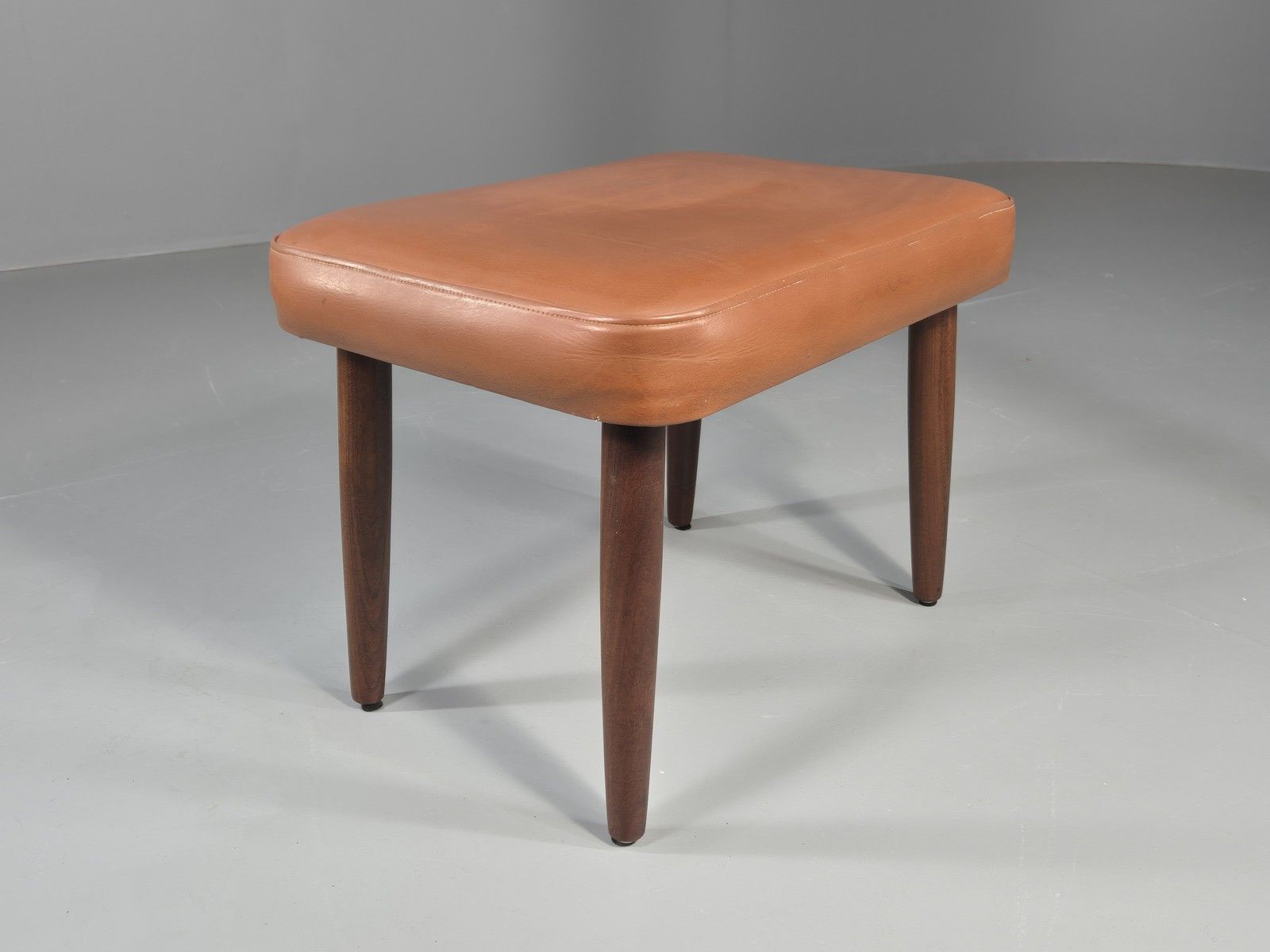 Vintage Danish Mid Century Footstool Teak Legs Brown Vinyl  1960s Retro Eb12023 photo vinterior