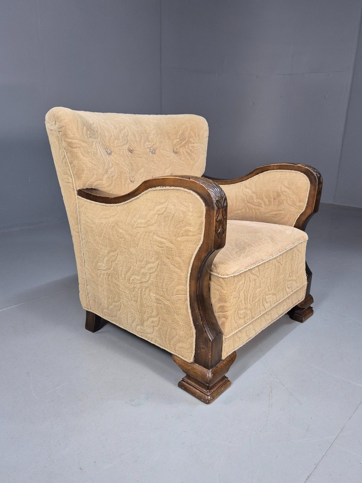 Antique Danish Art Deco Armchair Cream Moquette Beech Frame 1920s Eb02887 photo vintage