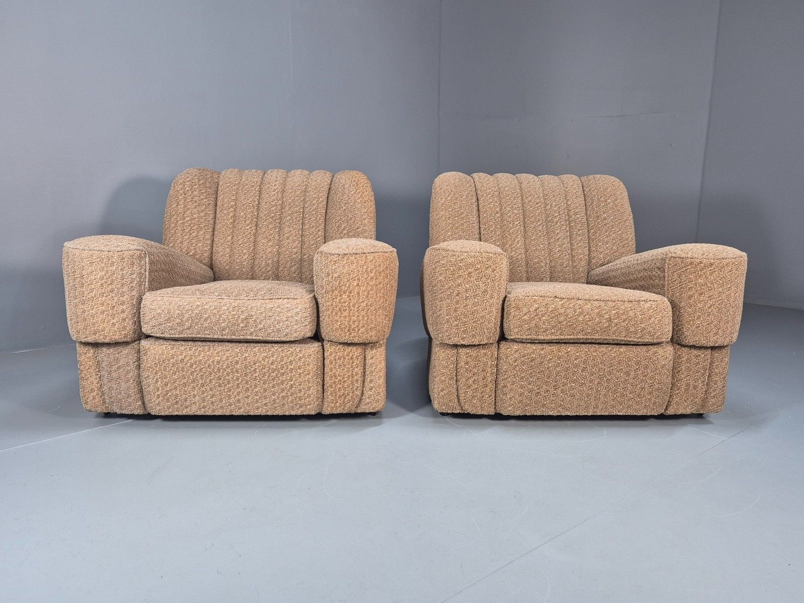 2 Vintage Art Deco Armchairs Beige Chenille Upholstery 1940s Eb09684 photo 550.0