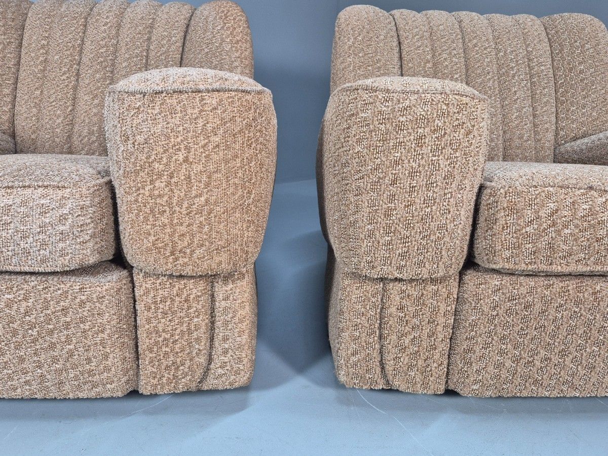2 Vintage Art Deco Armchairs Beige Chenille Upholstery 1940s Eb09684 photo vinterior
