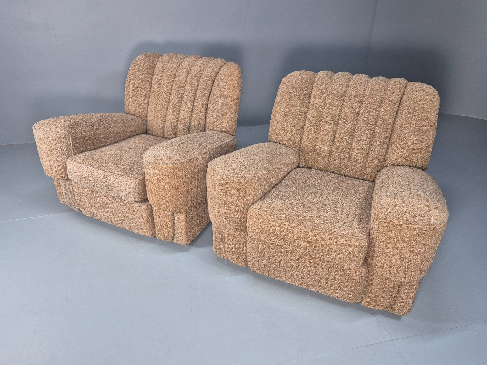 2 Vintage Art Deco Armchairs Beige Chenille Upholstery 1940s Eb09684 photo vintage