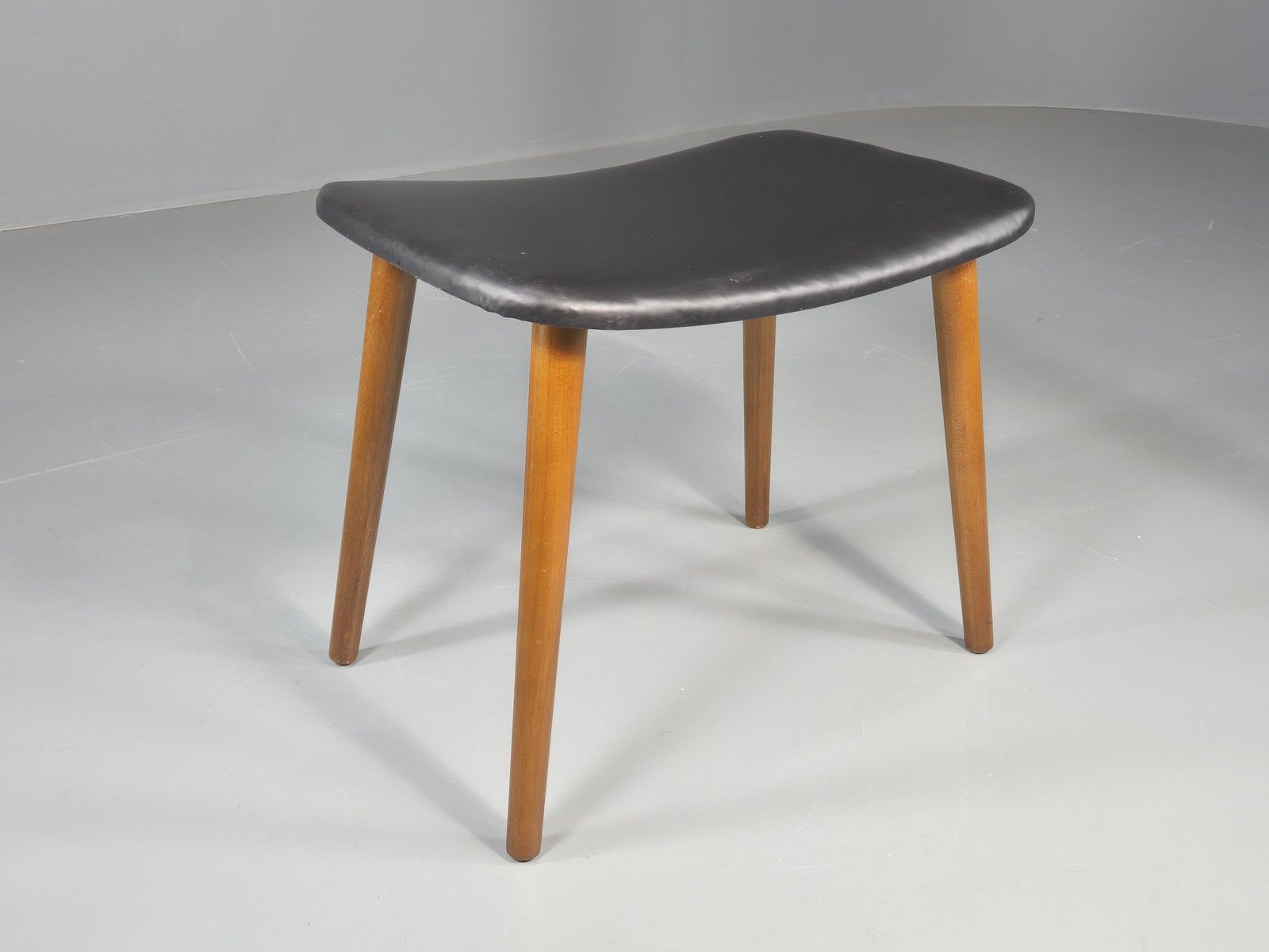 Vintage Mid Century Danish Footstool Black Vinyl Curved Form Eb12026
