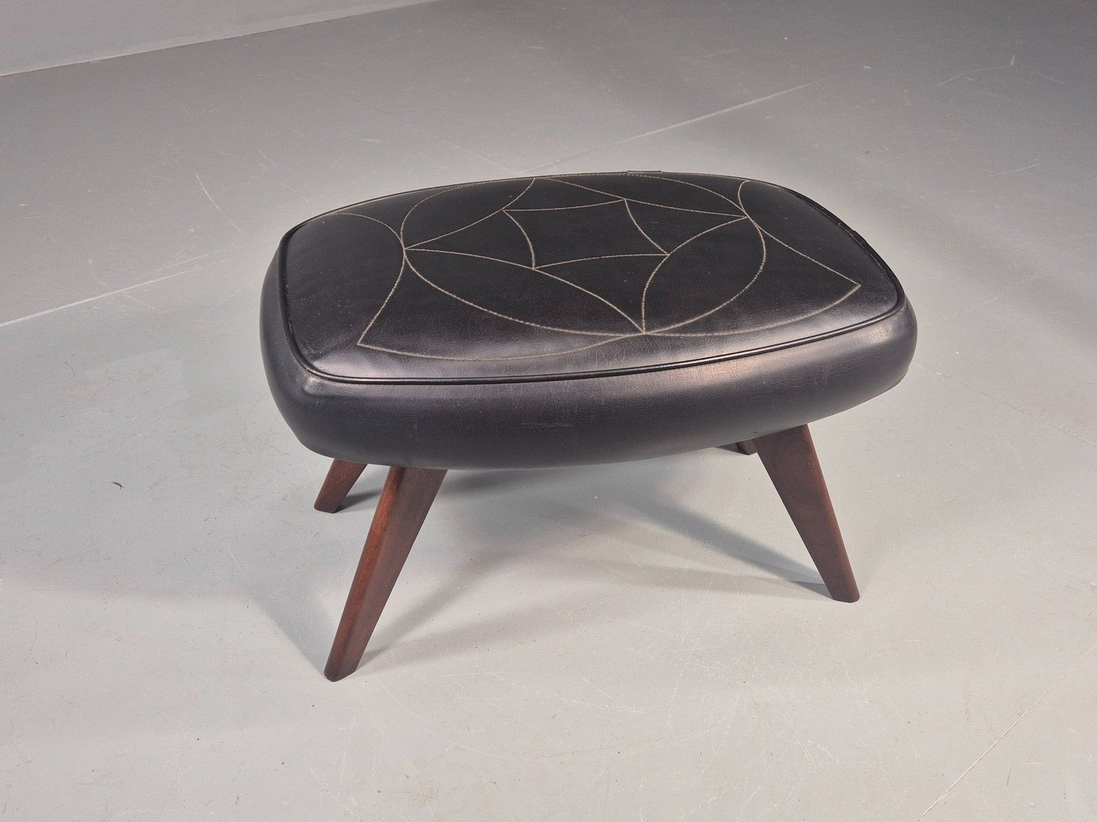 Vintage Danish Mid Century Footstool Black Vinyl Teak Legs 1960s Retro Eb12048 photo for sale