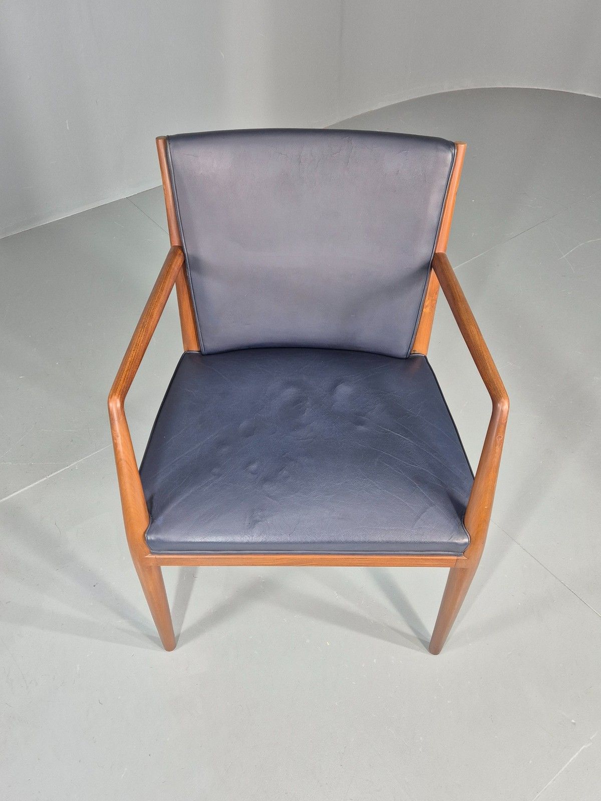 Vintage Mid Century Teak Armchair Blue Leather 1960s Retro Eb11895 photo for sale