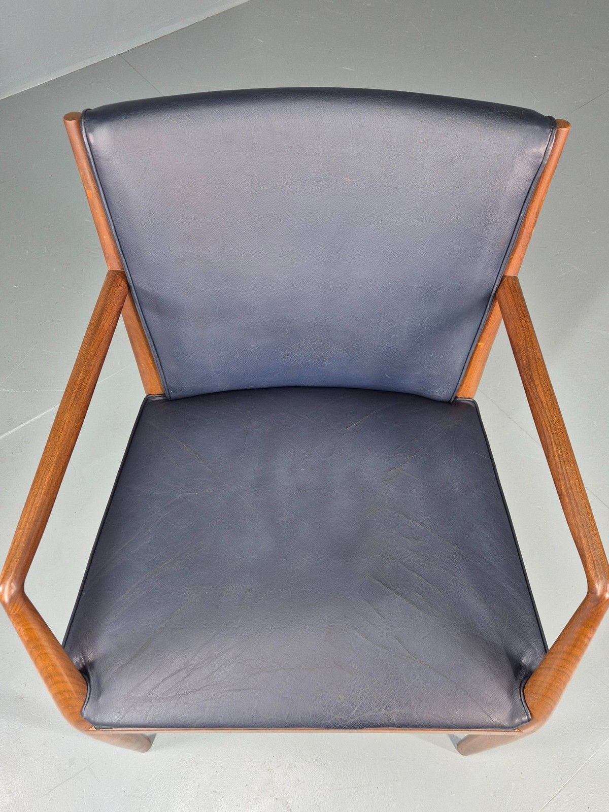 Vintage Mid Century Teak Armchair Blue Leather 1960s Retro  Eb11896 photo for sale