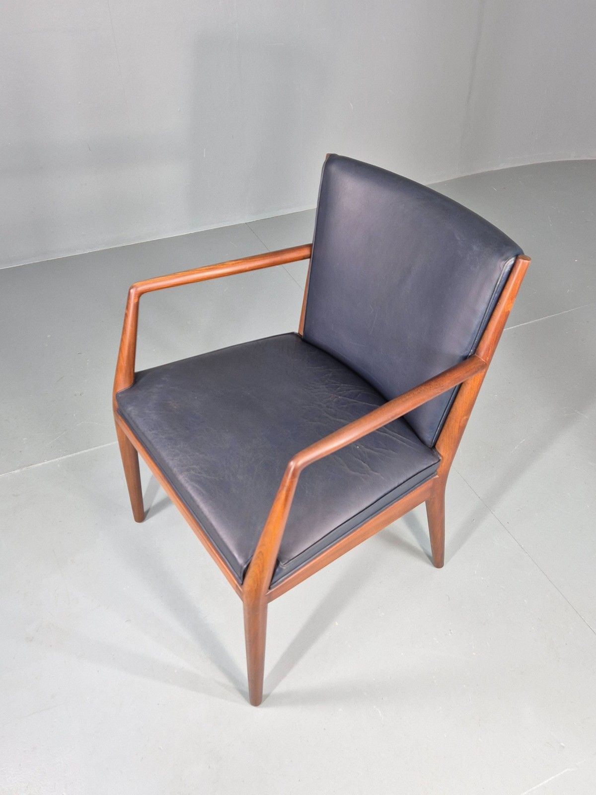 Vintage Mid Century Teak Armchair Blue Leather 1960s Retro Eb11904 photo for sale