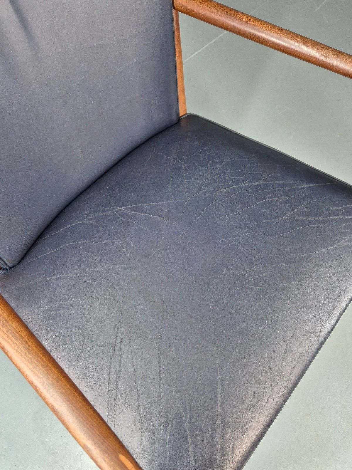 Vintage Mid Century Teak Armchair Blue Leather 1960s Retro Eb11905 photo Furniture