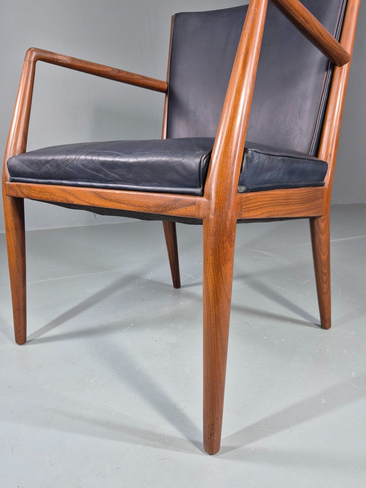 photo buy Vintage Mid Century Teak Armchair Blue Leather 1960s Retro Eb11910