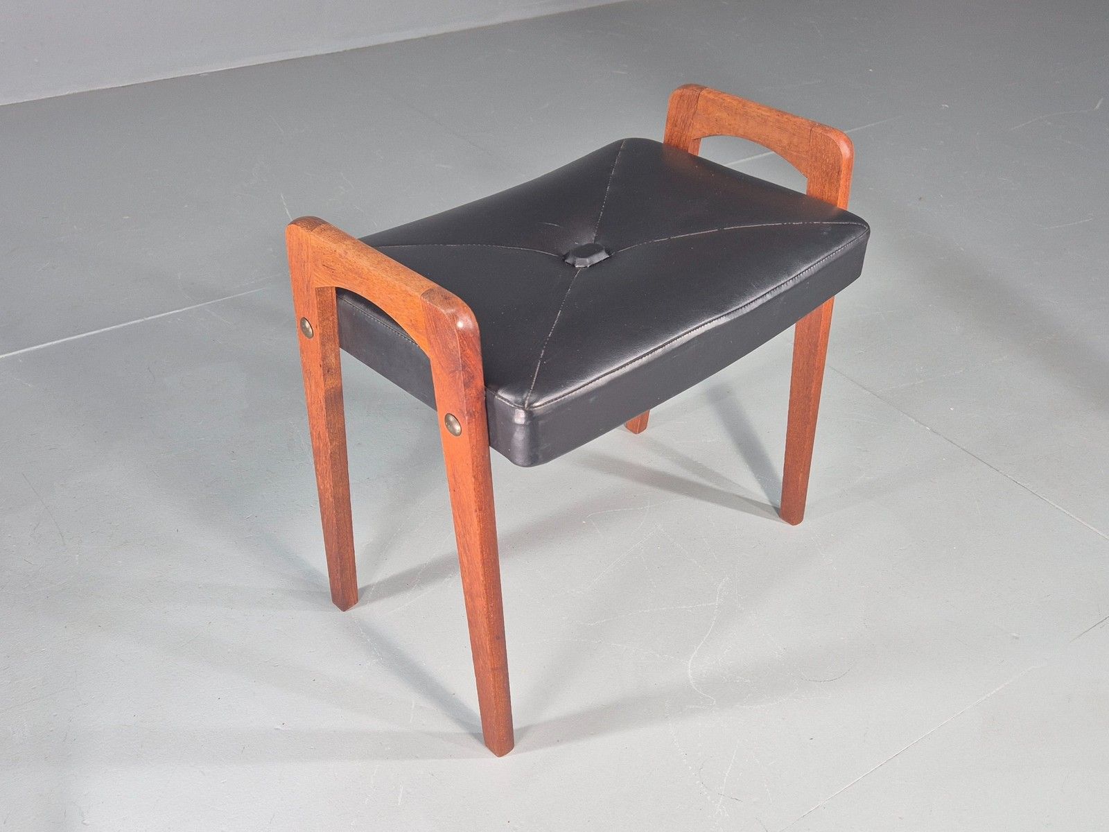Vintage Danish Mid Century Footstool 1960s Teak Black Vinyl Retro Eb12087 photo furniture