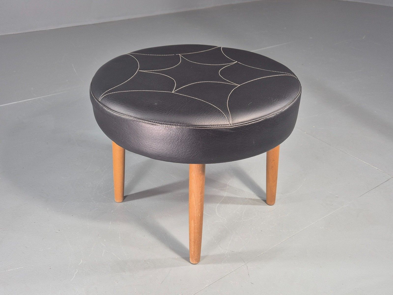 Vintage Danish Mid Century Footstool Black Vinyl Round Beech Legs Retro Eb12092