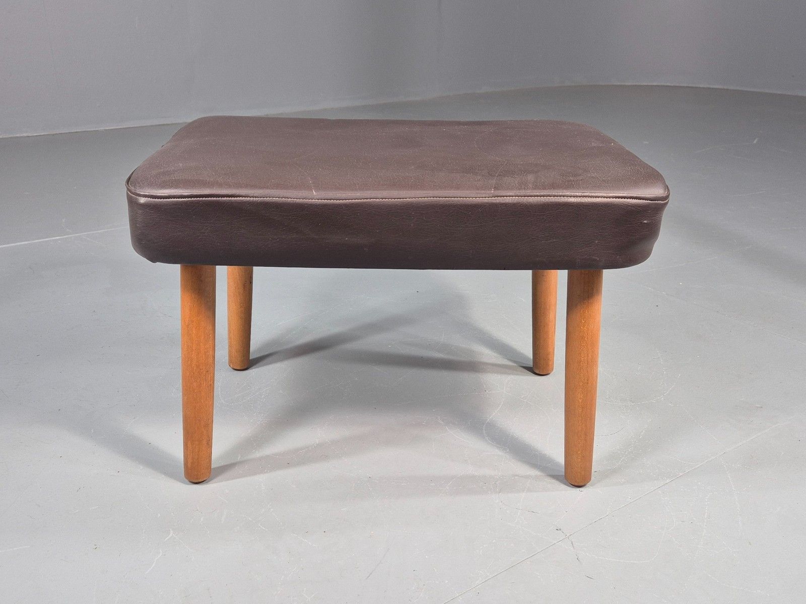 Vintage Danish Mid Century Footstool Brown Vinyl Beech Legs 1960s Retro Eb12096 photo furniture
