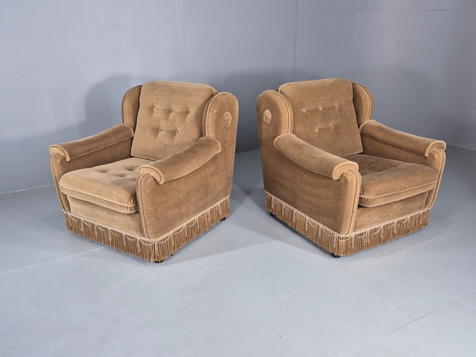 Vintage 1970s Lounge Chairs Green Velour Tassels Wing Back Danish Retro Eb12137