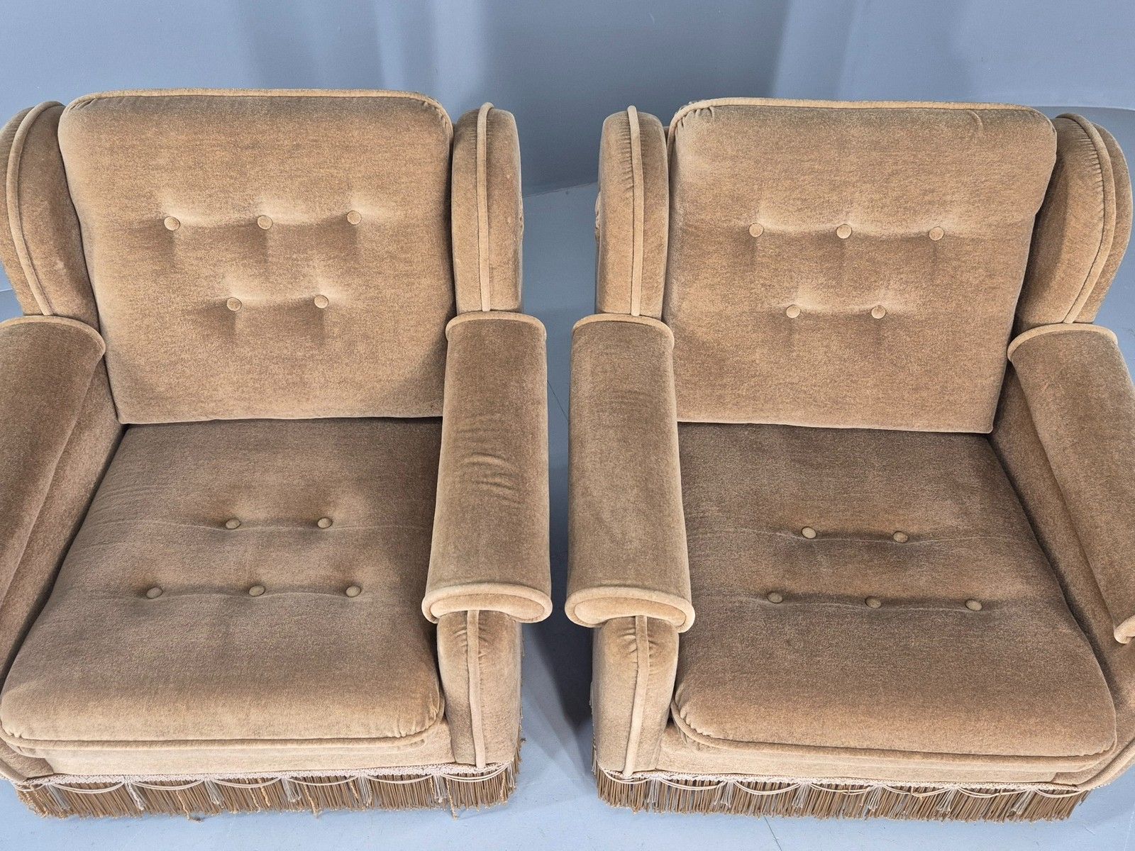 photo buy Vintage 1970s Lounge Chairs Green Velour Tassels Wing Back Danish Retro Eb12137