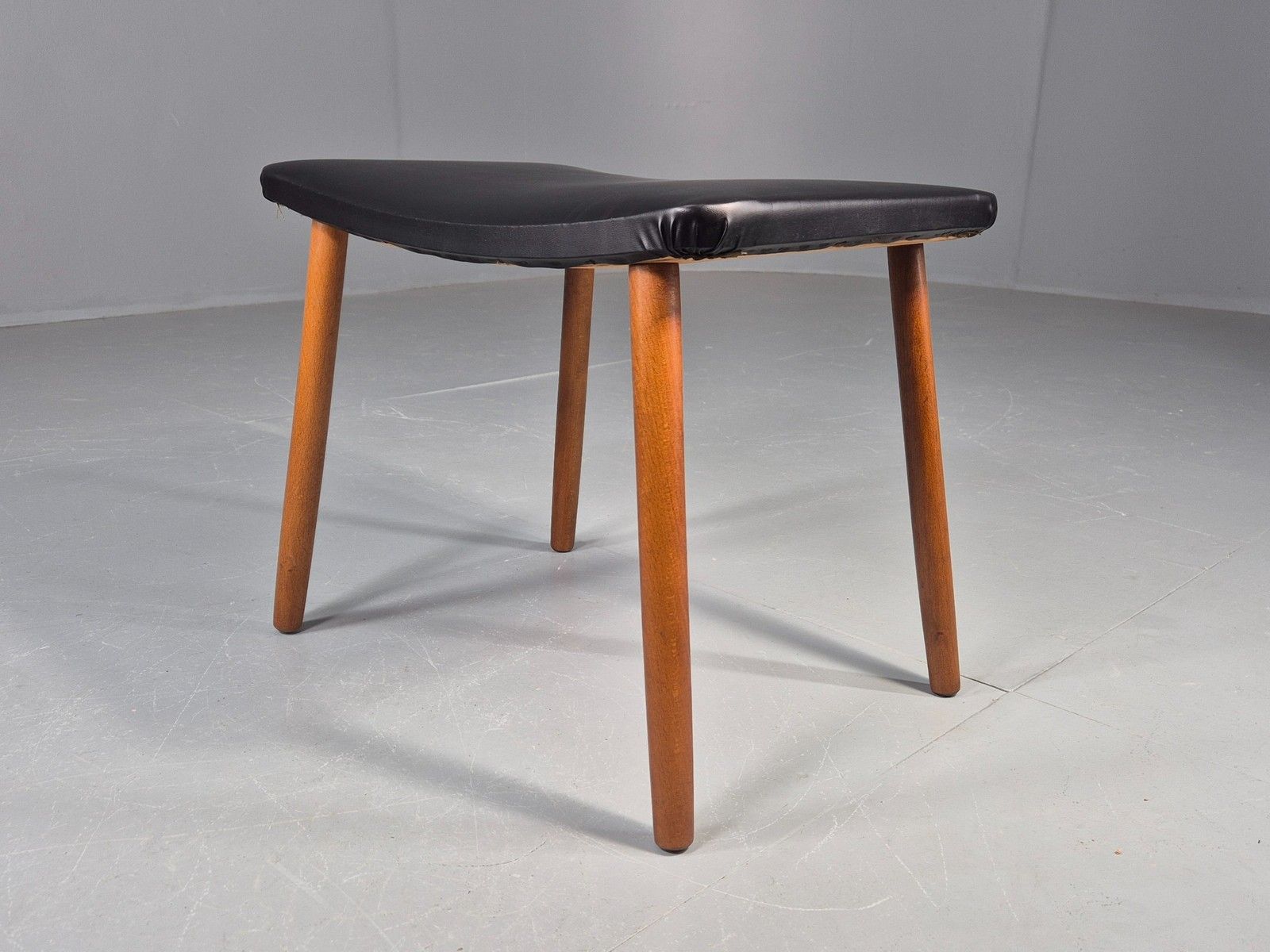 Vintage Danish Mid Century Footstool Black Vinyl Beech Legs 1960s Retro Eb12157 photo for sale