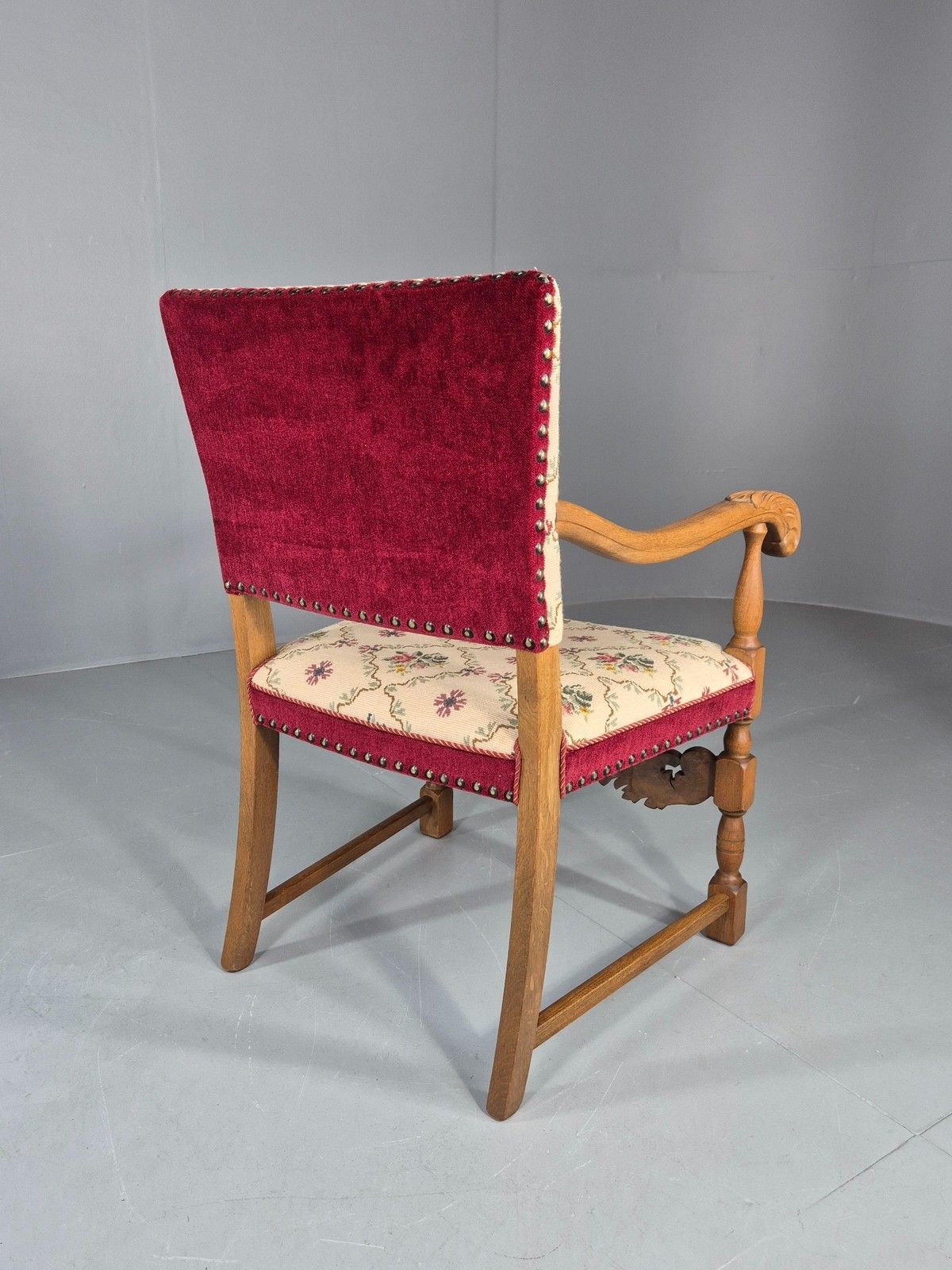 Vintage Danish Baroque Armchair Carved Oak Frame Tapestry Seat Eb12113 photo vinterior