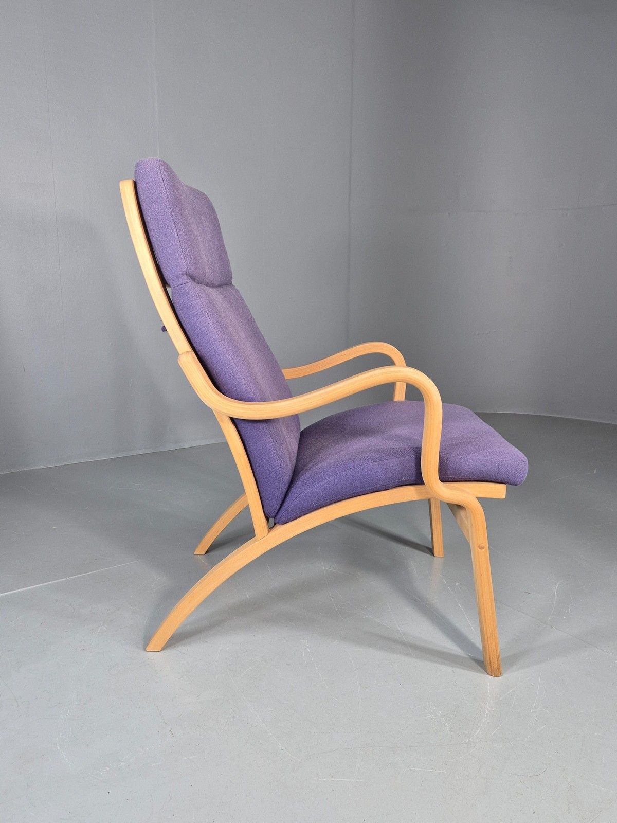 Vintage Mid Century Lounge Chair Bentwood Frame Danish Purple Wool 1980s Eb12136 photo vinterior