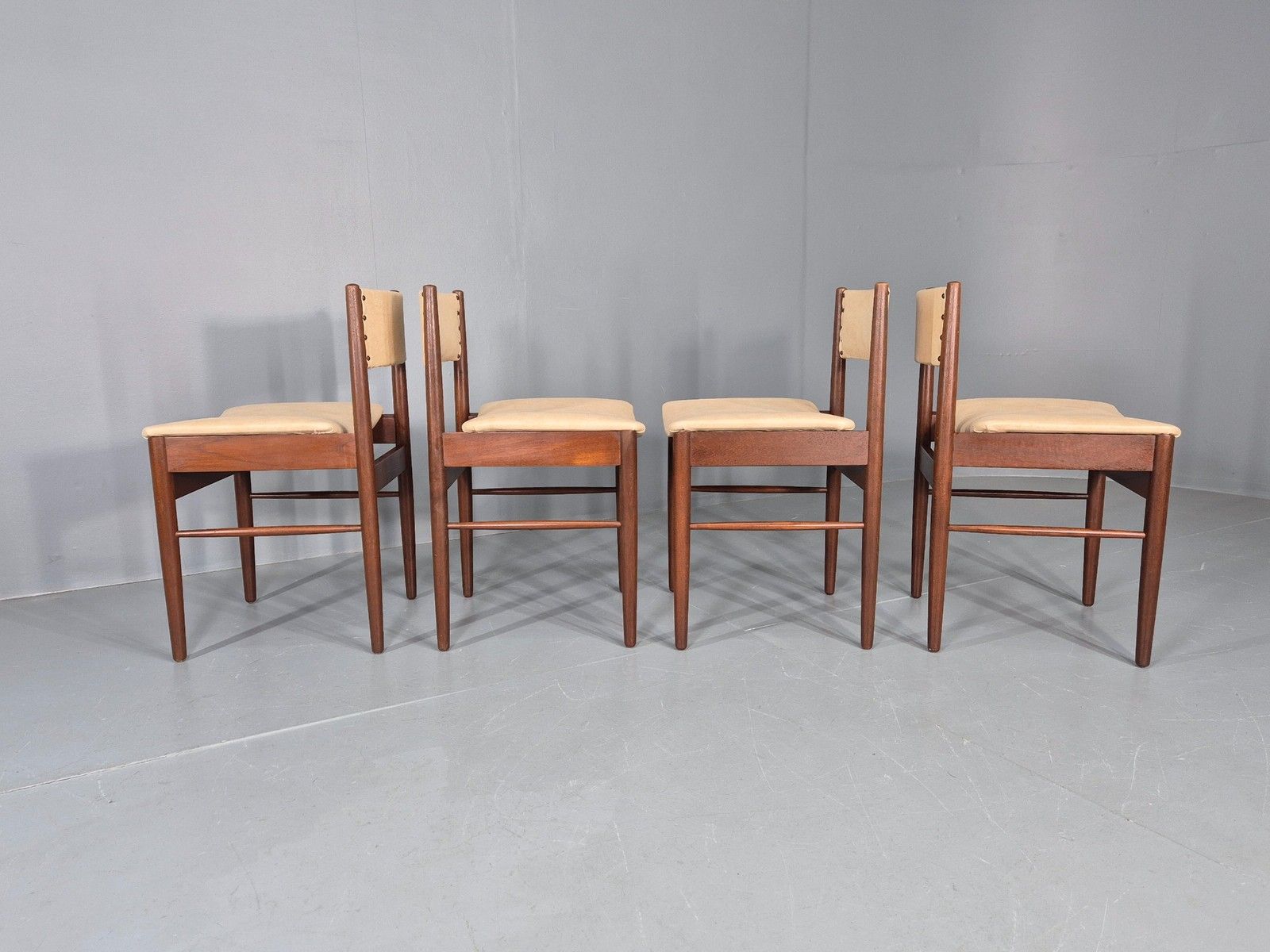 4 Vintage Scandart Dining Chairs Cream Vinyl Teak Frame 1960s Mcm Retro Eb12188 photo buy
