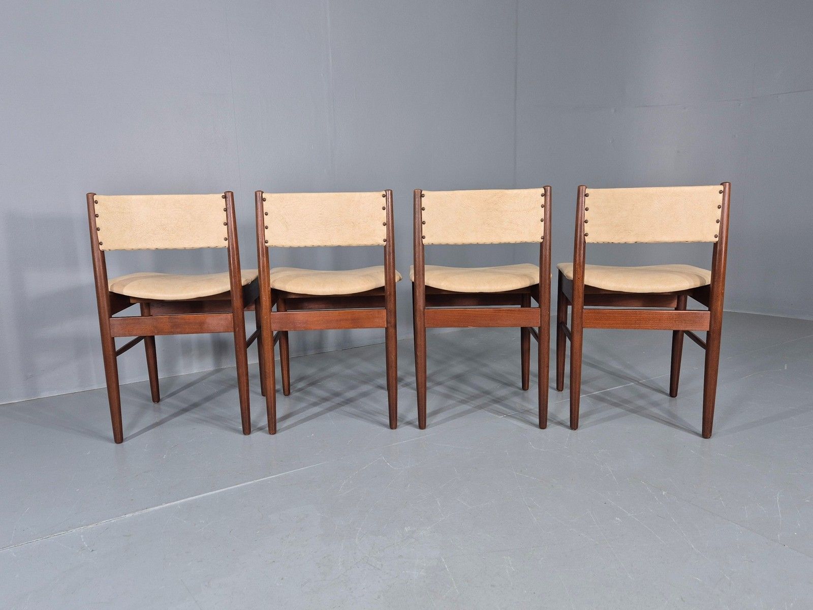 4 Vintage Scandart Dining Chairs Cream Vinyl Teak Frame 1960s Mcm Retro Eb12188 photo vintage