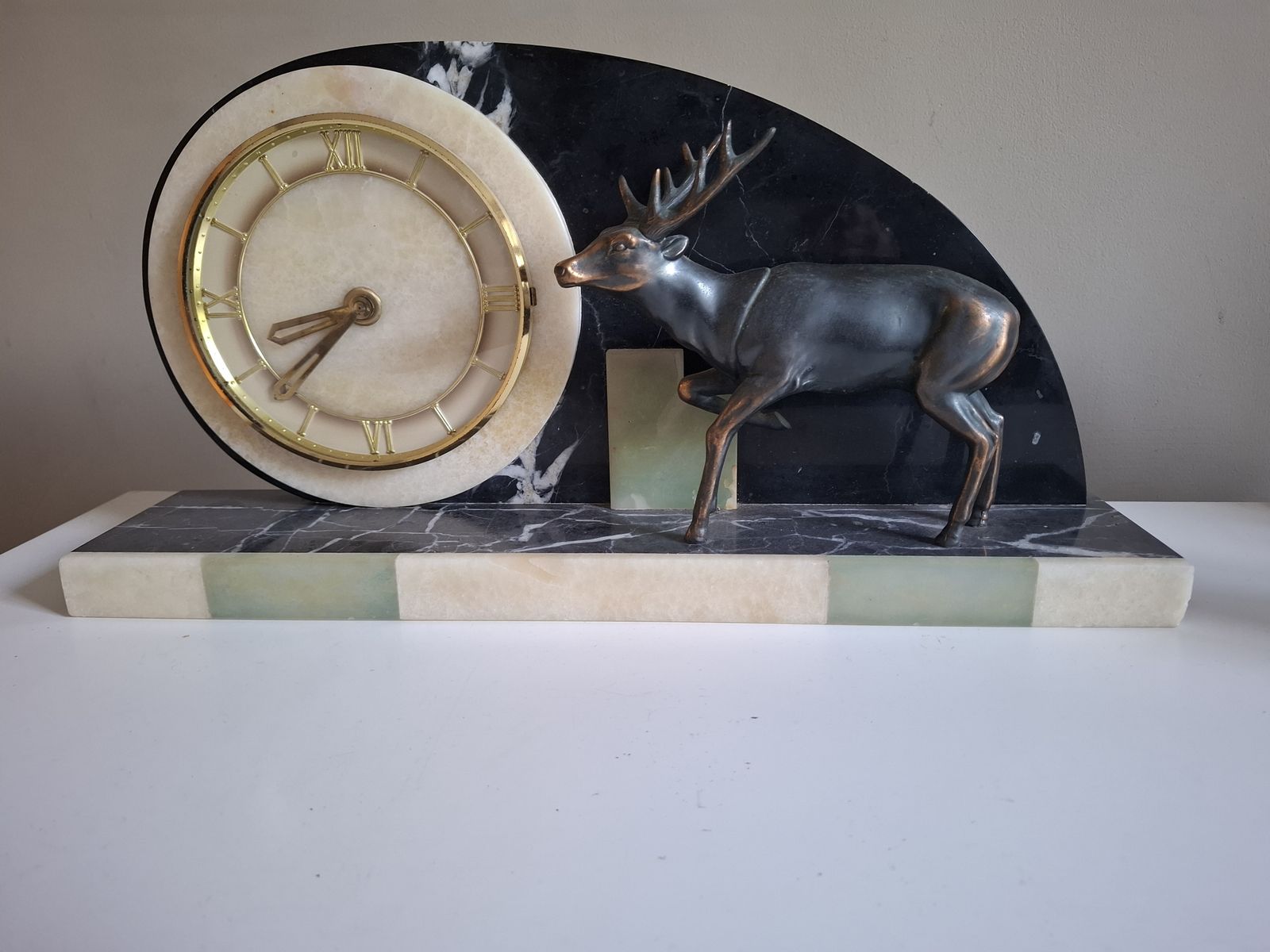 French Art Deco Mantle Clock On Marble Base With Spelter Deer Figurine photo furniture