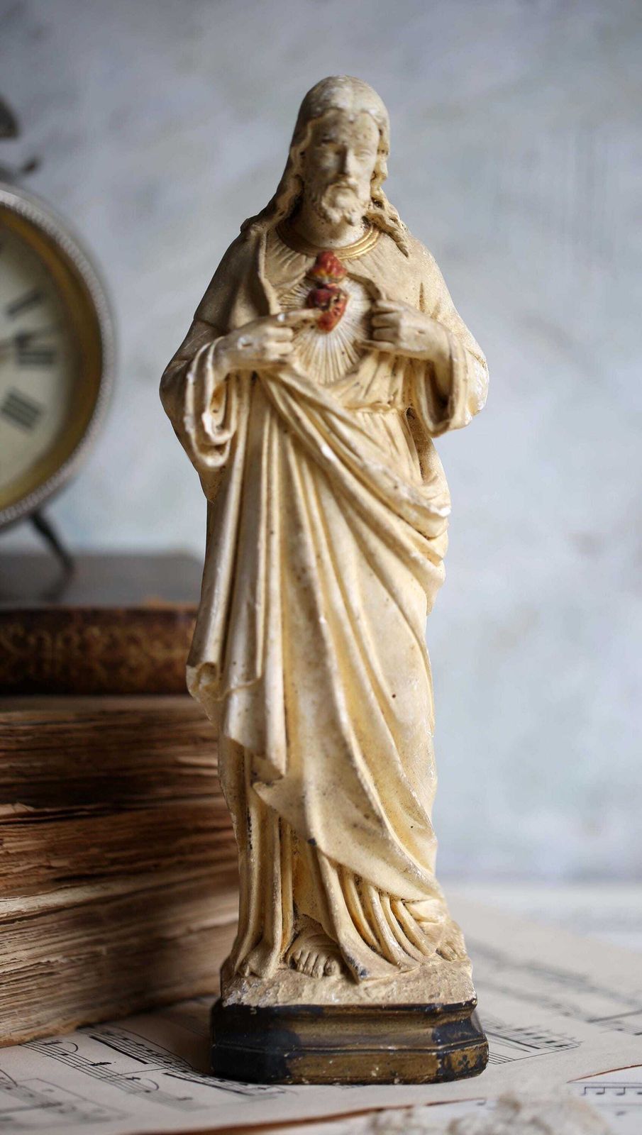 French Antique Chalkware Sacred Heart Jesus Christ Statue 1800s photo furniture