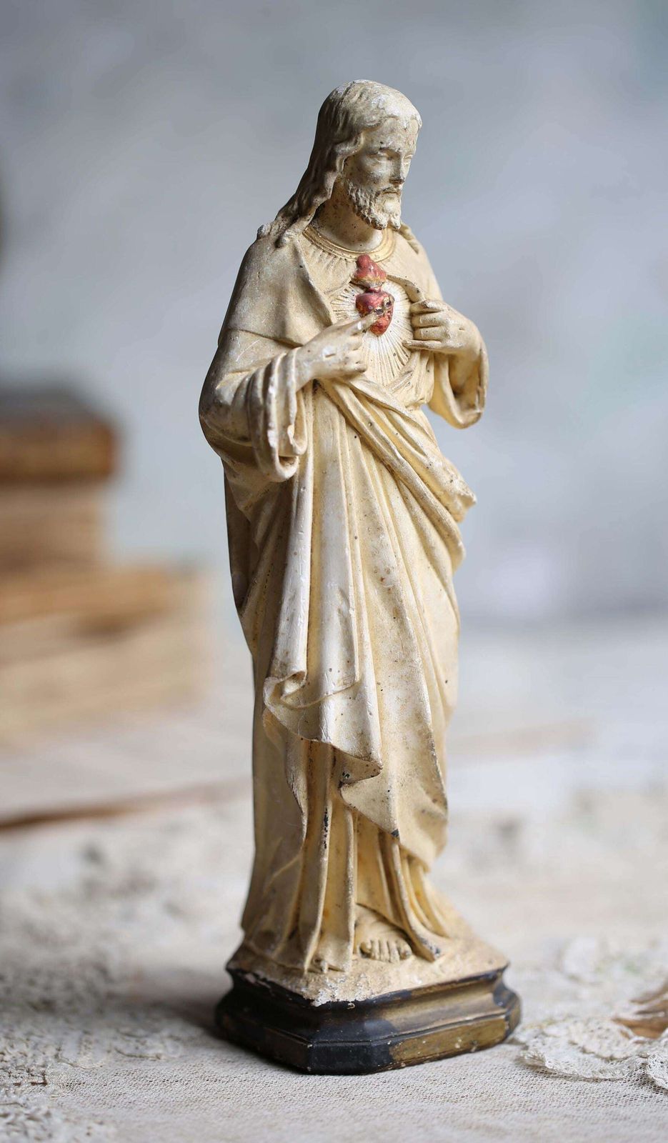 French Antique Chalkware Sacred Heart Jesus Christ Statue 1800s photo for sale