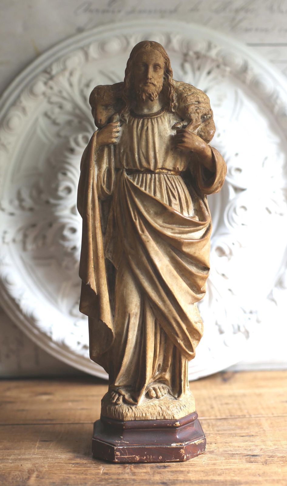 Antique French Good Shepherd Jesus Statue Religious Christ Figure With Lamb photo for sale