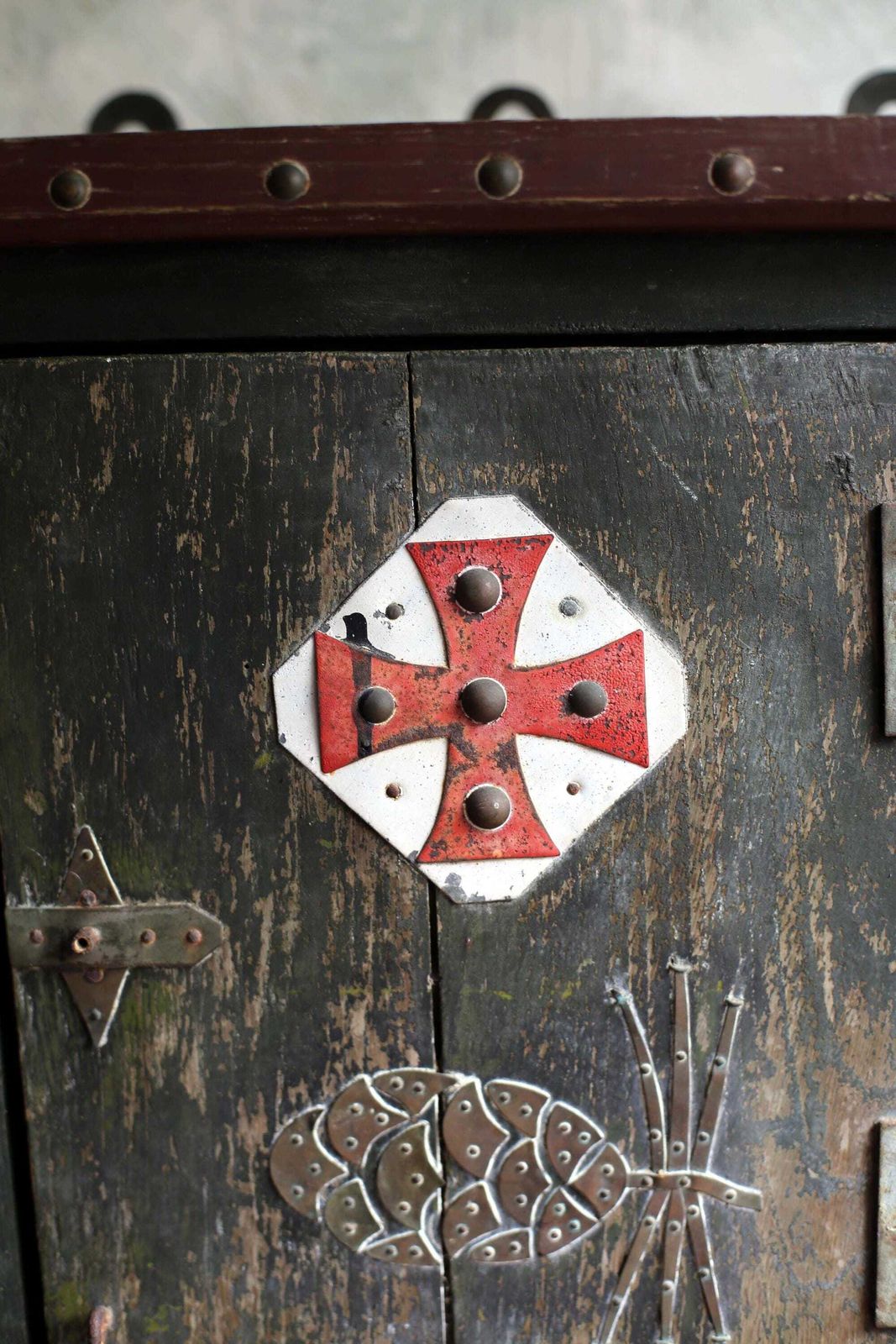 Antique French Cabinet Painted Folk Art Wooden Green Distressed With Red Cross Tabernacle photo for sale