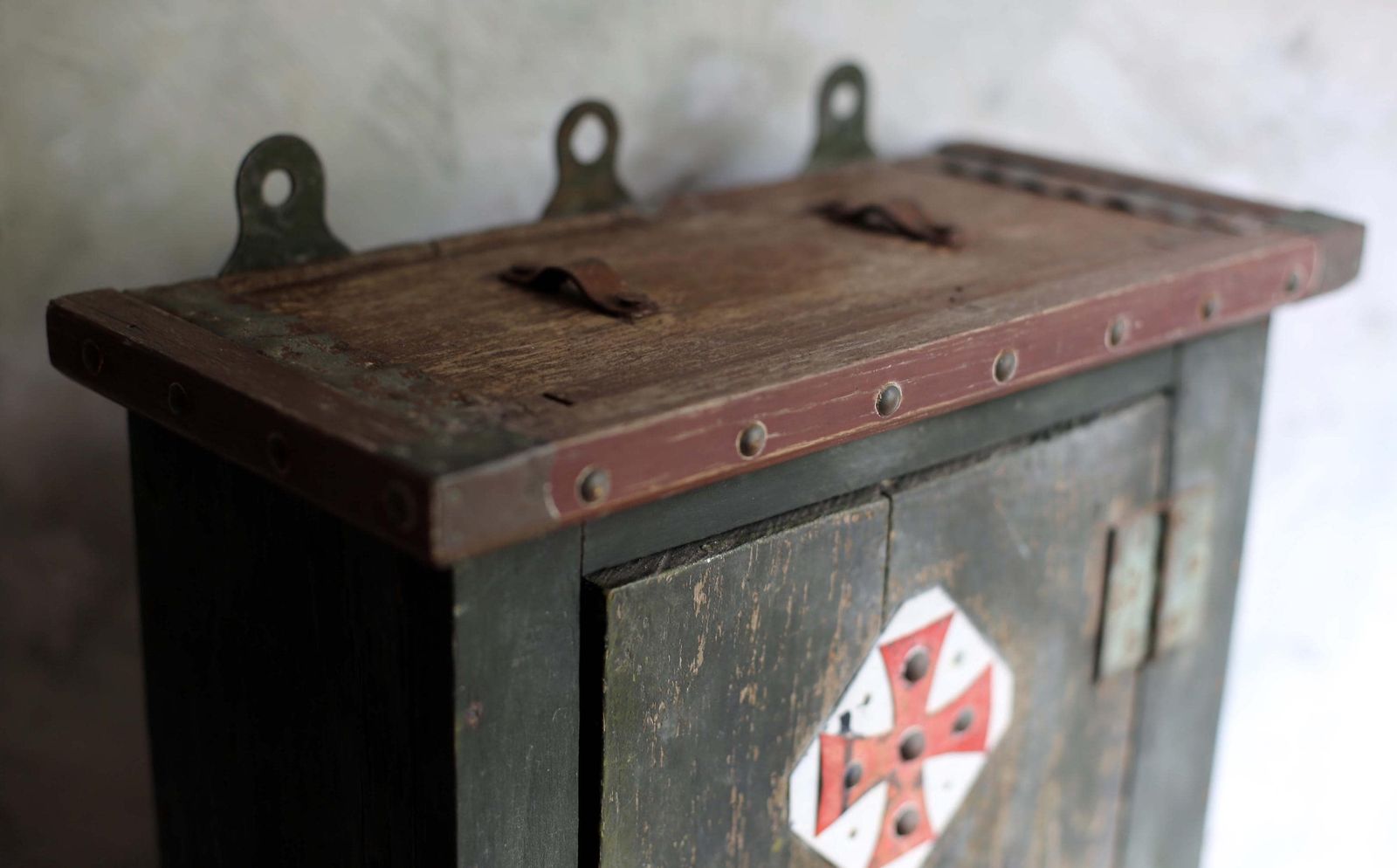 Antique French Cabinet Painted Folk Art Wooden Green Distressed With Red Cross Tabernacle photo vintage